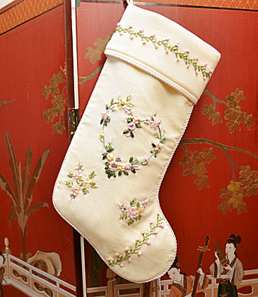 Velvet Christmas Stockings Cream Color & Raised Appliqued Roses - Click Image to Close